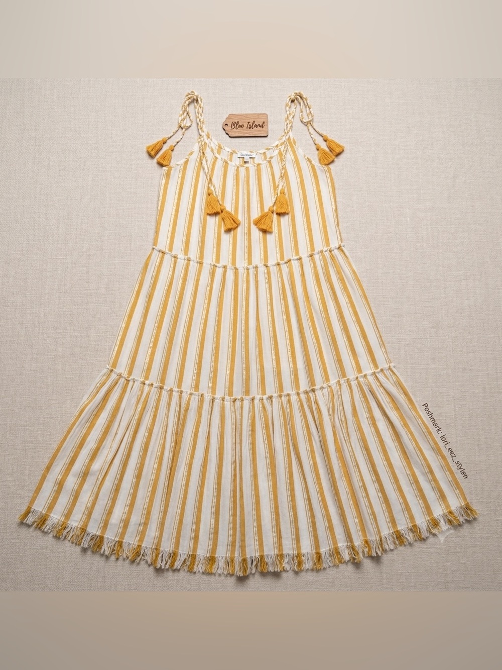 blue island Mustard and White Striped Tiered Tassel Maxi Dress